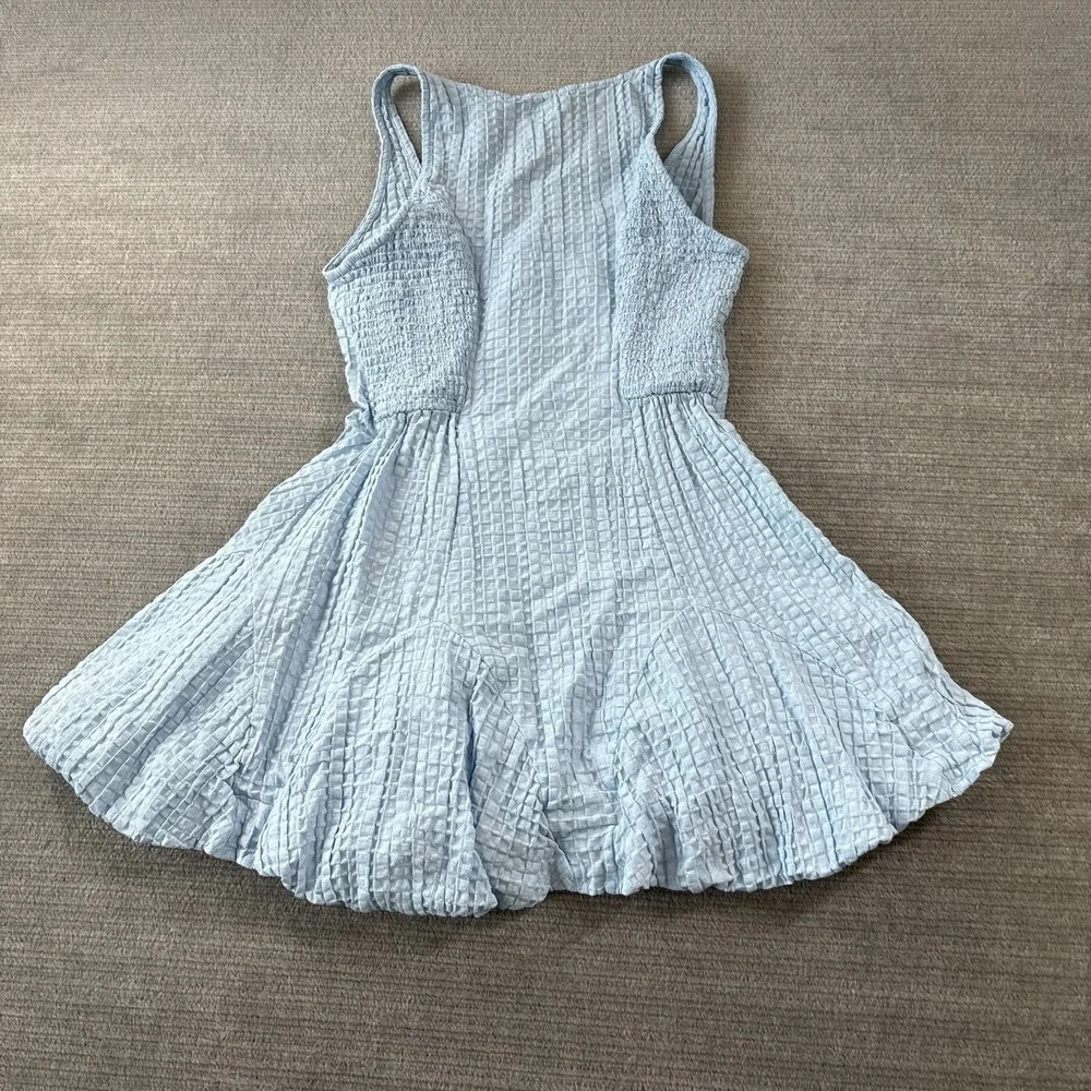 Free People Free-est Mini Dress Women XS Light Blue Emilia Pucker Checkered